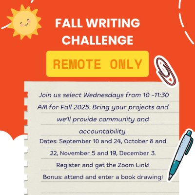 Flier for Fall Writing Challenge, lined paper and an orange sky with clouds and a cartoon sun with the same date and time info.
